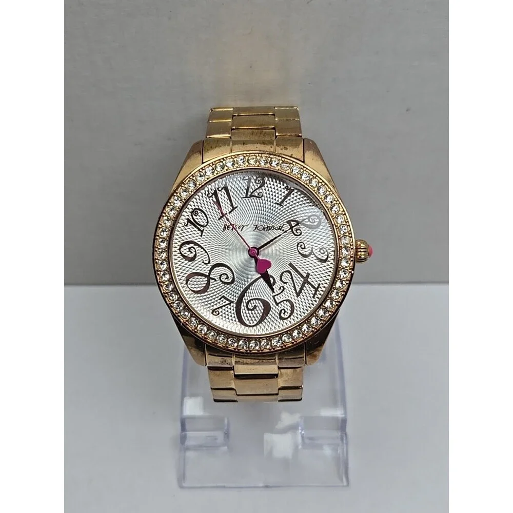 Womens Betsey Johnson 40mm Rose Gold Crystal Bezel Watch New Battery Dress Heart